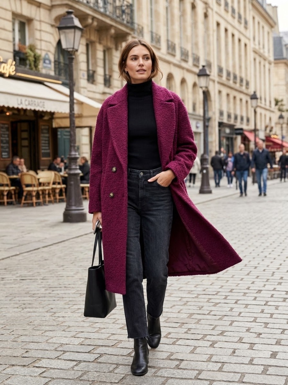 Dynamite Burgundy Bouclé Double-Breasted Wool- Blend Long Coat - Sz M/L